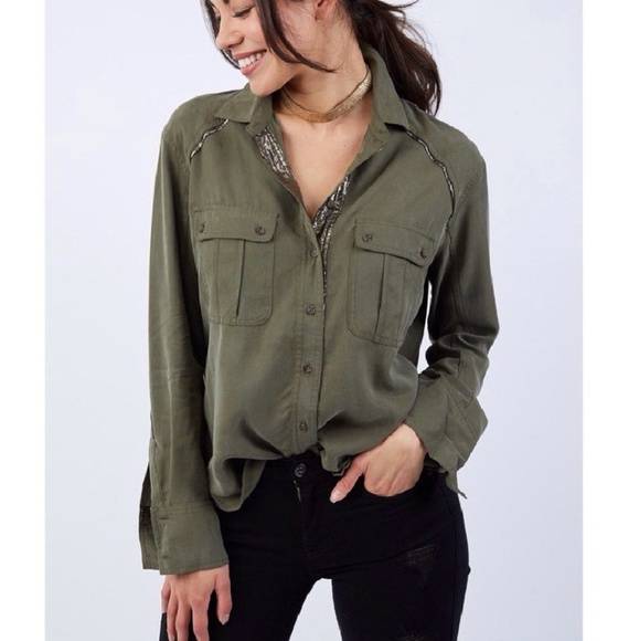 Free People Tops - Free People NWT Moss Green Buttondown Bling Detail